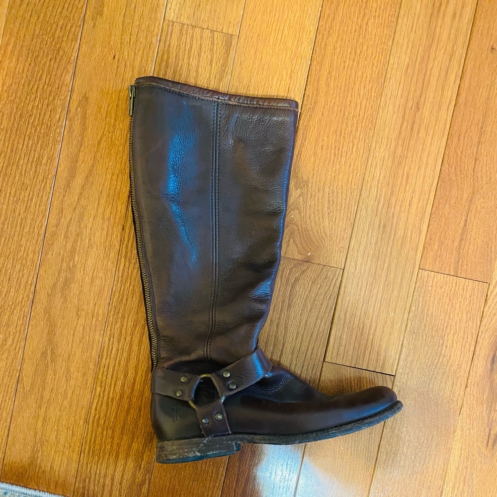 Frye Woman’s Phillip Harness Tall Dark Brown boots